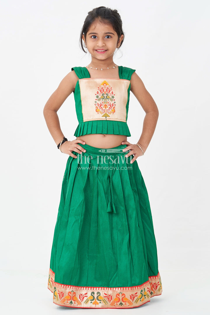 The Nesavu Pattu Pavadai Girls Lehengha Pattu in Green Raw Silk with Paithani Border and Embellished Yoke Nesavu Girls Lehengha Pattu Green Raw Silk Embroidered Paithani Border Sleeveless Top | The Nesavu