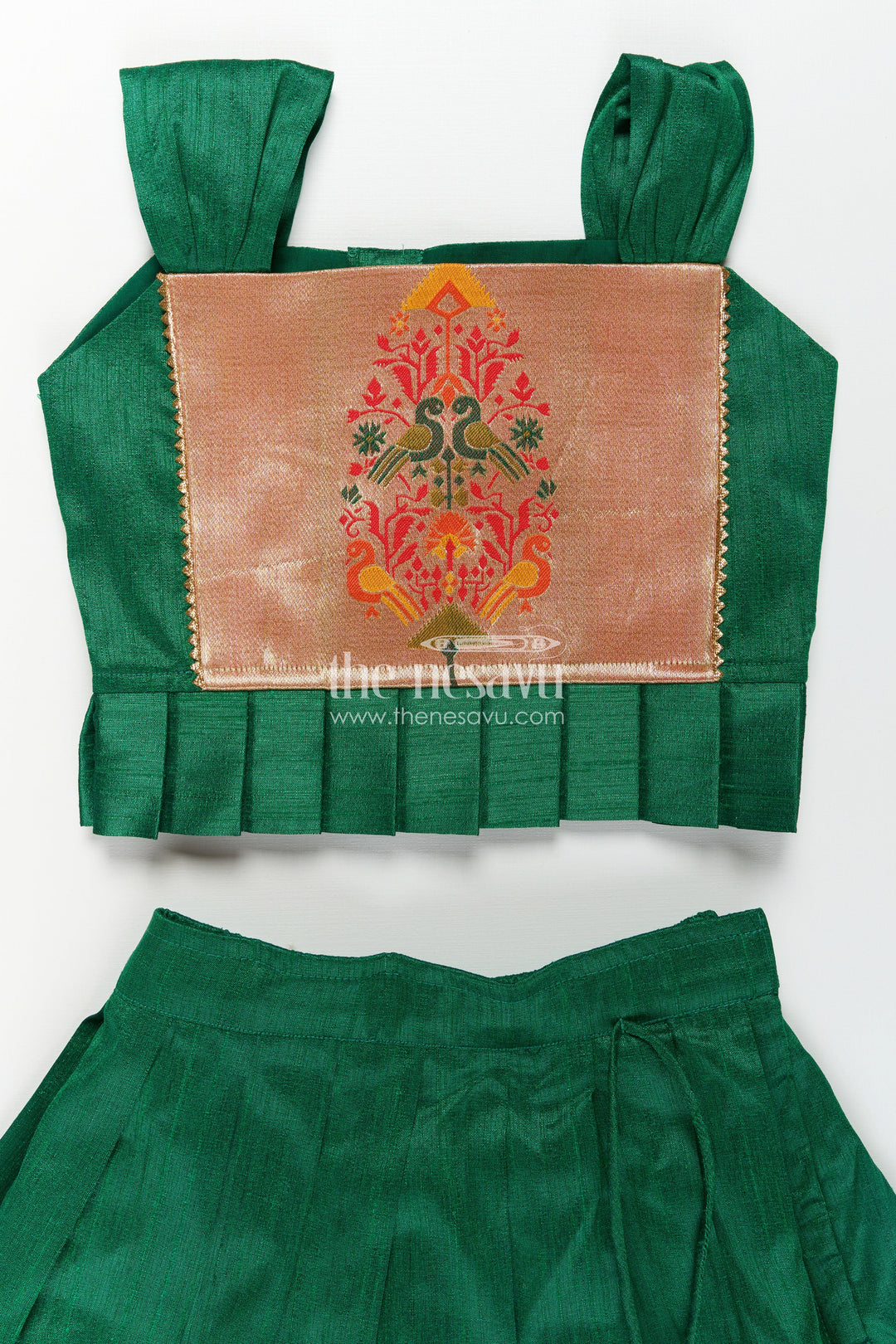 The Nesavu Pattu Pavadai Girls Lehengha Pattu in Green Raw Silk with Paithani Border and Embellished Yoke Nesavu Girls Lehengha Pattu Green Raw Silk Embroidered Paithani Border Sleeveless Top | The Nesavu