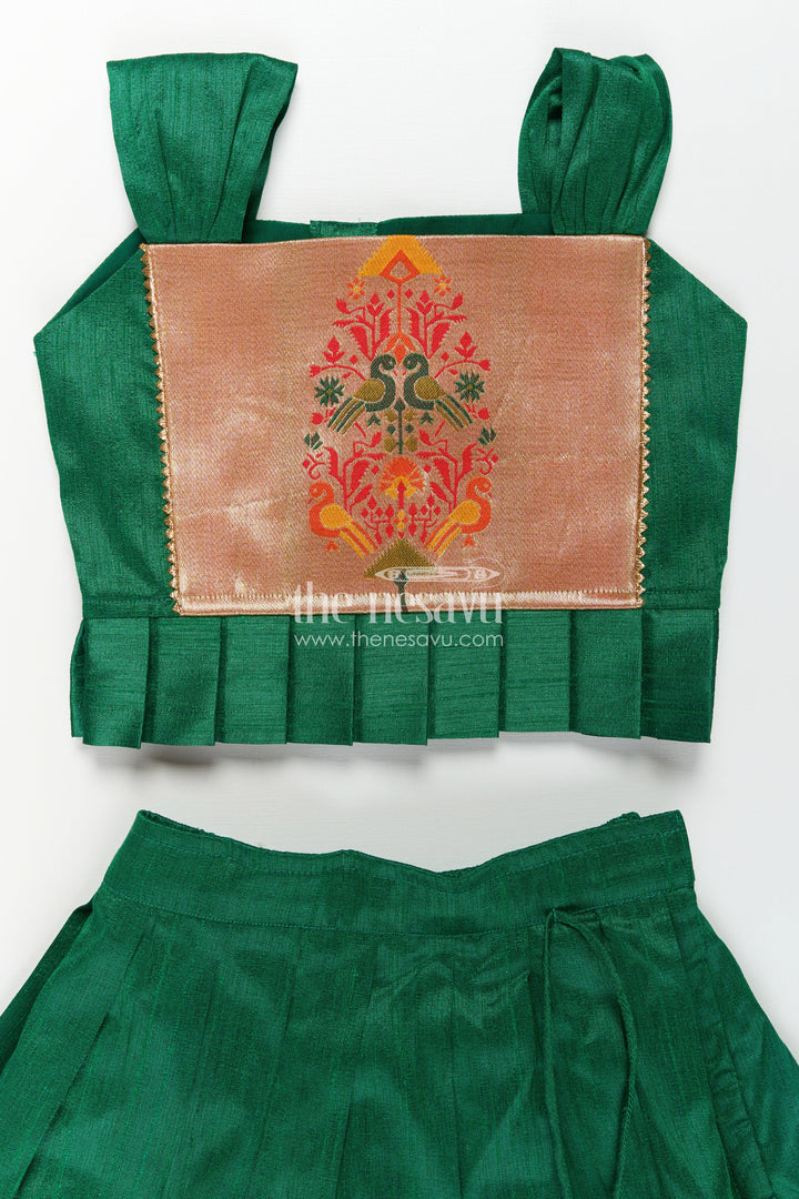 The Nesavu Pattu Pavadai Girls Lehengha Pattu in Green Raw Silk with Paithani Border and Embellished Yoke Nesavu Girls Lehengha Pattu Green Raw Silk Embroidered Paithani Border Sleeveless Top | The Nesavu