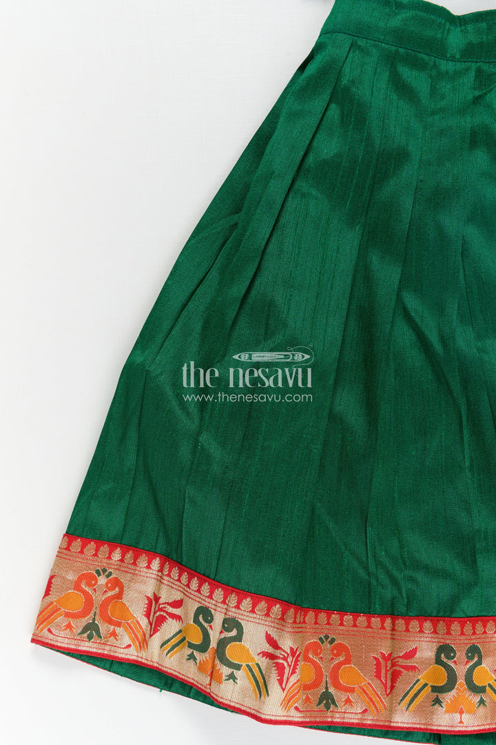 The Nesavu Pattu Pavadai Girls Lehengha Pattu in Green Raw Silk with Paithani Border and Embellished Yoke Nesavu Girls Lehengha Pattu Green Raw Silk Embroidered Paithani Border Sleeveless Top | The Nesavu