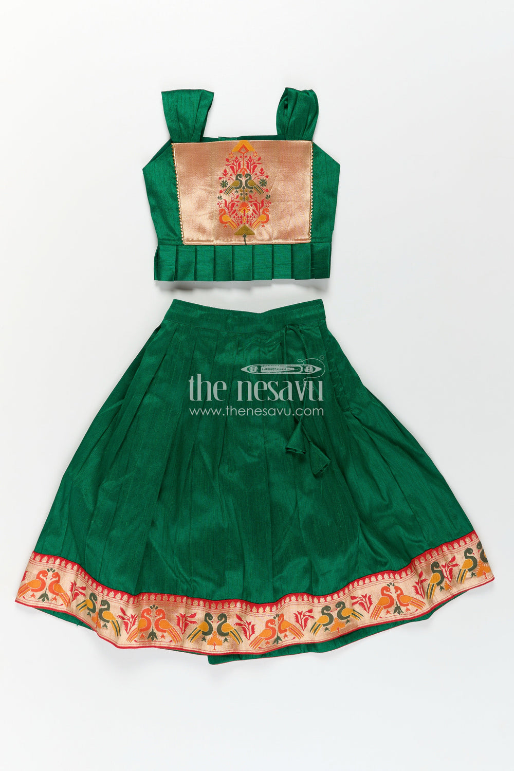The Nesavu Pattu Pavadai Girls Lehengha Pattu in Green Raw Silk with Paithani Border and Embellished Yoke Nesavu Girls Lehengha Pattu Green Raw Silk Embroidered Paithani Border Sleeveless Top | The Nesavu