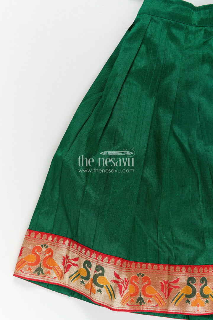 The Nesavu Pattu Pavadai Girls Lehengha Pattu in Green Raw Silk with Paithani Border and Embellished Yoke Nesavu Girls Lehengha Pattu Green Raw Silk Embroidered Paithani Border Sleeveless Top | The Nesavu