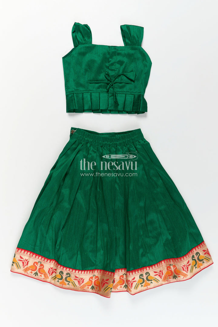 The Nesavu Pattu Pavadai Girls Lehengha Pattu in Green Raw Silk with Paithani Border and Embellished Yoke Nesavu Girls Lehengha Pattu Green Raw Silk Embroidered Paithani Border Sleeveless Top | The Nesavu