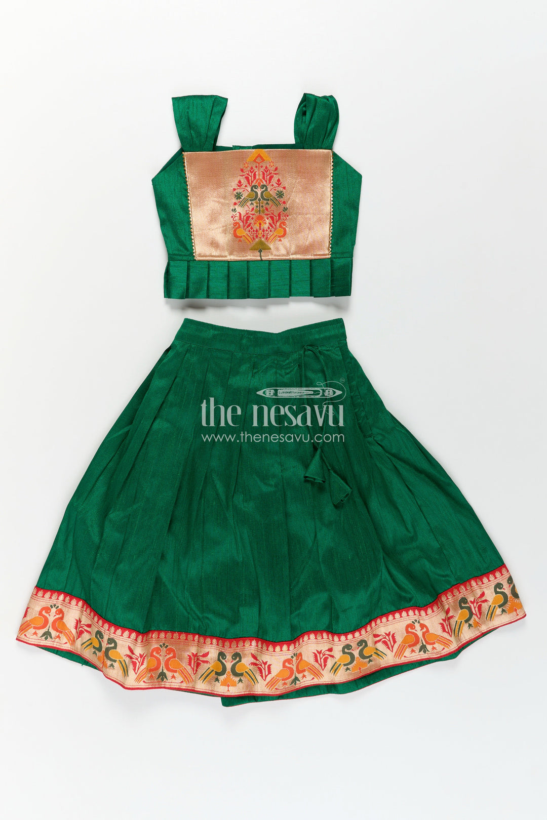 The Nesavu Pattu Pavadai Girls Lehengha Pattu in Green Raw Silk with Paithani Border and Embellished Yoke Nesavu Girls Lehengha Pattu Green Raw Silk Embroidered Paithani Border Sleeveless Top | The Nesavu
