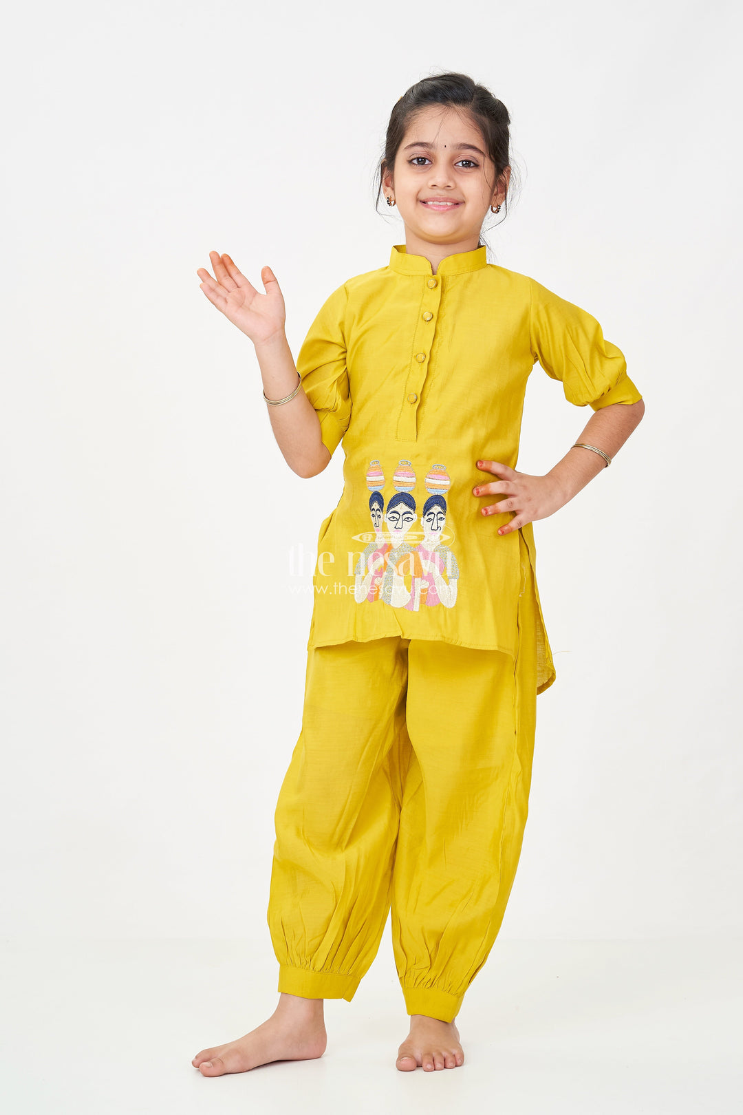 The Nesavu Girls Churidar Sets Girls Lemon Yellow Churidar Set in Modal Silk with Artistic Embroidery and Statement Kurti Design Nesavu 24 (5Y) / Yellow GPS604A-24 Girls lemon yellow Churidar Set Modal Silk Artistic Embroidery Modern Ethnic Style | The Nesavu
