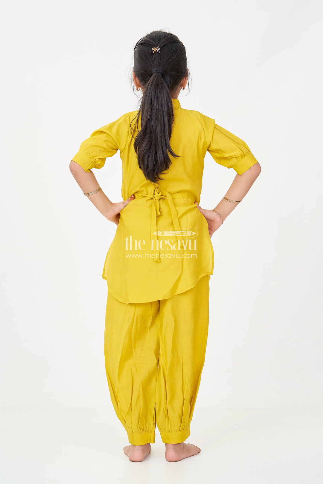 The Nesavu Girls Churidar Sets Girls Lemon Yellow Churidar Set in Modal Silk with Artistic Embroidery and Statement Kurti Design Nesavu Girls lemon yellow Churidar Set Modal Silk Artistic Embroidery Modern Ethnic Style | The Nesavu