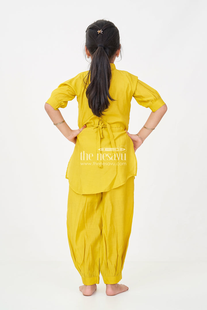 The Nesavu Girls Churidar Sets Girls Lemon Yellow Churidar Set in Modal Silk with Artistic Embroidery and Statement Kurti Design Nesavu Girls lemon yellow Churidar Set Modal Silk Artistic Embroidery Modern Ethnic Style | The Nesavu