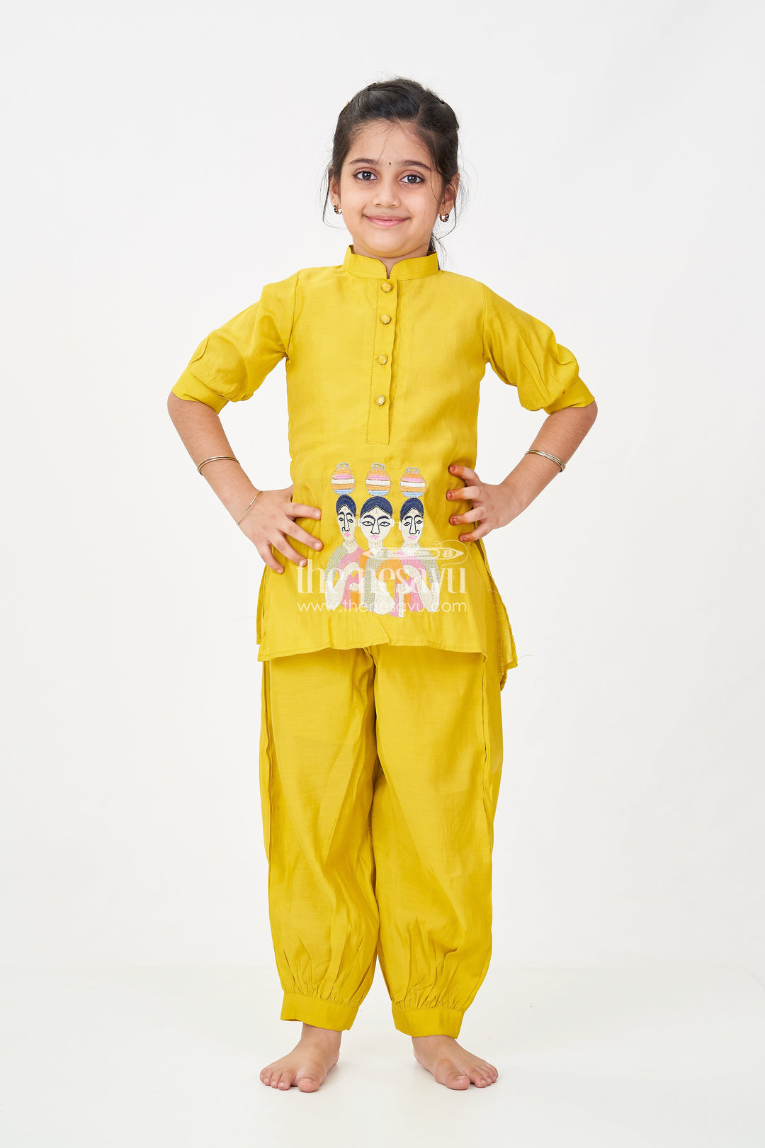 The Nesavu Girls Churidar Sets Girls Lemon Yellow Churidar Set in Modal Silk with Artistic Embroidery and Statement Kurti Design Nesavu Girls lemon yellow Churidar Set Modal Silk Artistic Embroidery Modern Ethnic Style | The Nesavu