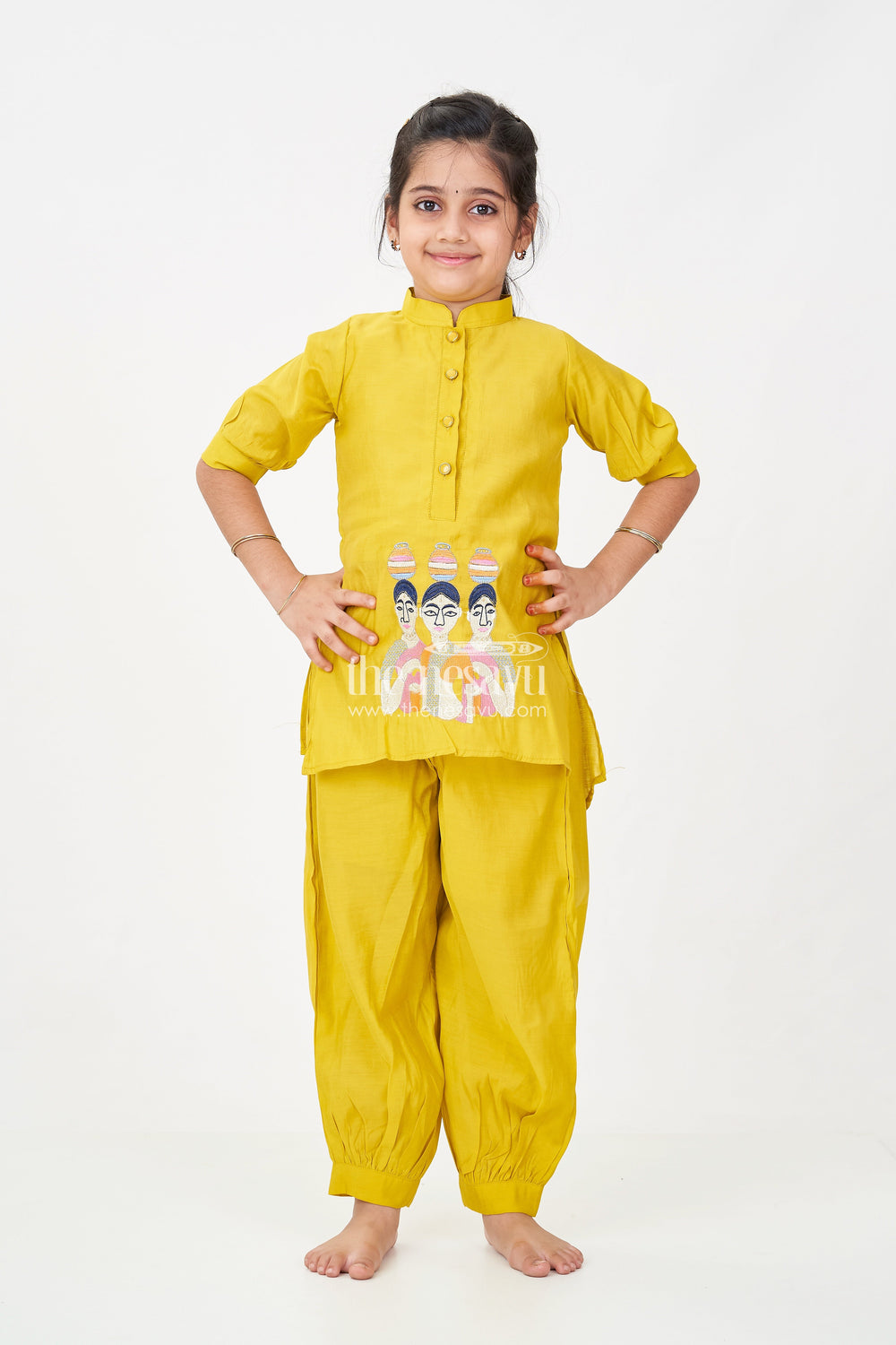 The Nesavu Girls Sharara / Plazo Set Girls lemon yellow sharara Set in Modal Silk with Artistic Embroidery and Statement Kurti Design Nesavu Nesavu Girls lemon yellow sharara Set Modal Silk Artistic Embroidery Modern Ethnic Style