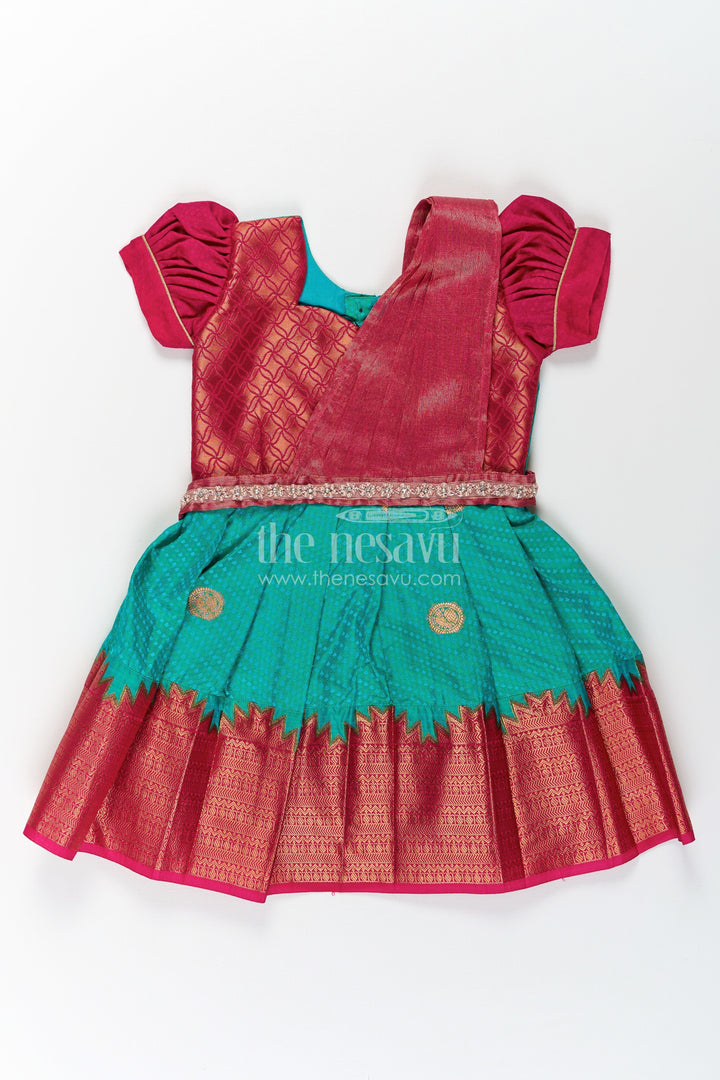 The Nesavu Girls Kanchi Silk Frock Girls Light Blue Dress Silk in Semi Kanchivaram with Maroon Borders and Stone Lace Embellished Dupatta Nesavu 18 (2Y) / Blue / Style 1 SF853AA-18 Light Blue Dress Silk for Girls in Semi Kanchivaram with Stone Lace and Maroon | The Nesavu