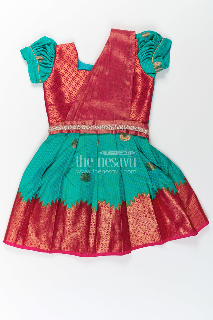 The Nesavu Girls Kanchi Silk Frock Girls Light Blue Dress Silk in Semi Kanchivaram with Maroon Borders and Stone Lace Embellished Dupatta Nesavu 20 (3Y) / Blue / Style 2 SF853AB-20 Light Blue Dress Silk for Girls in Semi Kanchivaram with Stone Lace and Maroon | The Nesavu