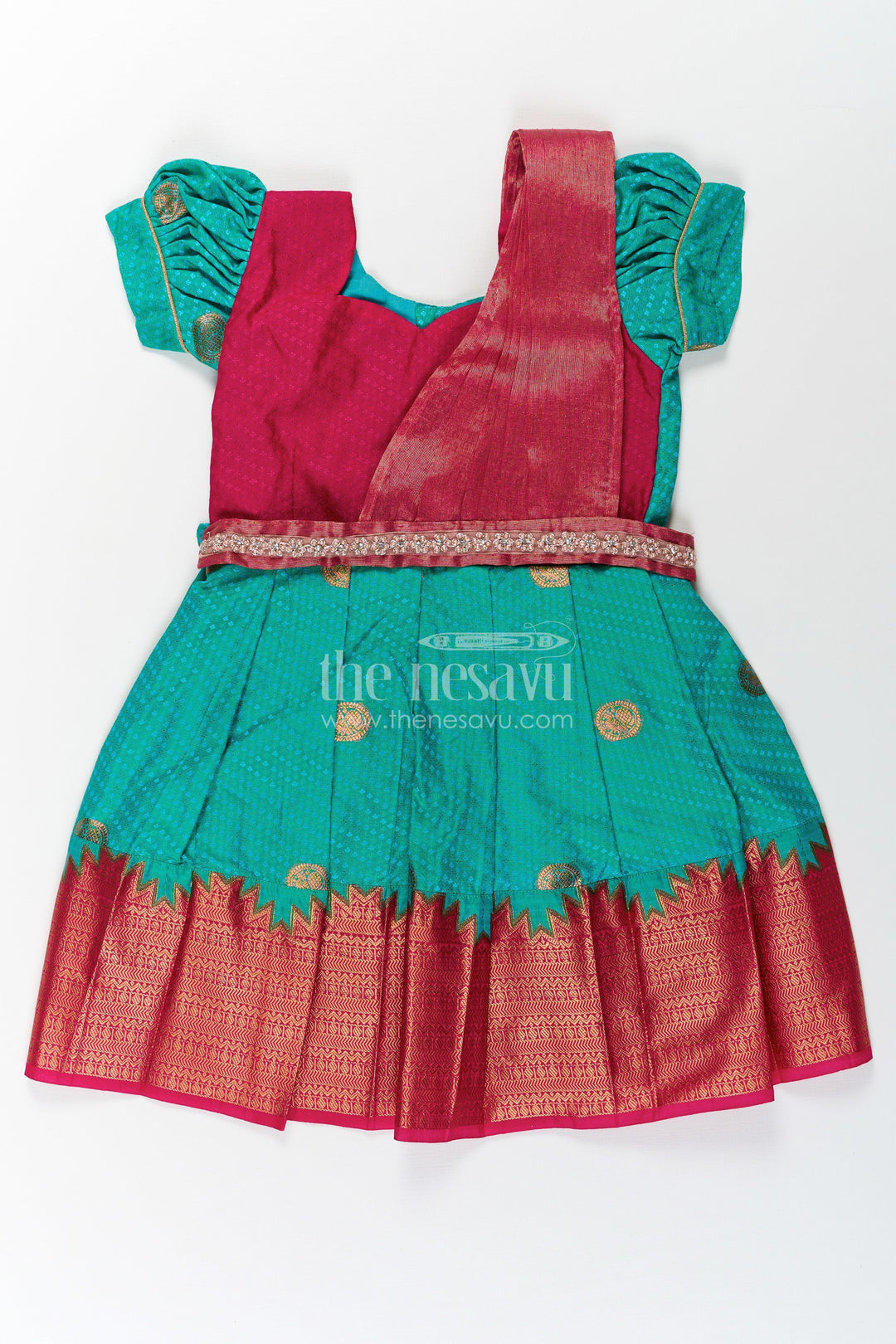 The Nesavu Girls Kanchi Silk Frock Girls Light Blue Dress Silk in Semi Kanchivaram with Maroon Borders and Stone Lace Embellished Dupatta Nesavu 20 (3Y) / Blue / Style 3 SF853AC-20 Light Blue Dress Silk for Girls in Semi Kanchivaram with Stone Lace and Maroon | The Nesavu
