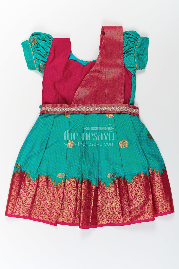 The Nesavu Girls Kanchi Silk Frock Girls Light Blue Dress Silk in Semi Kanchivaram with Maroon Borders and Stone Lace Embellished Dupatta Nesavu 20 (3Y) / Blue / Style 3 SF853AC-20 Light Blue Dress Silk for Girls in Semi Kanchivaram with Stone Lace and Maroon | The Nesavu