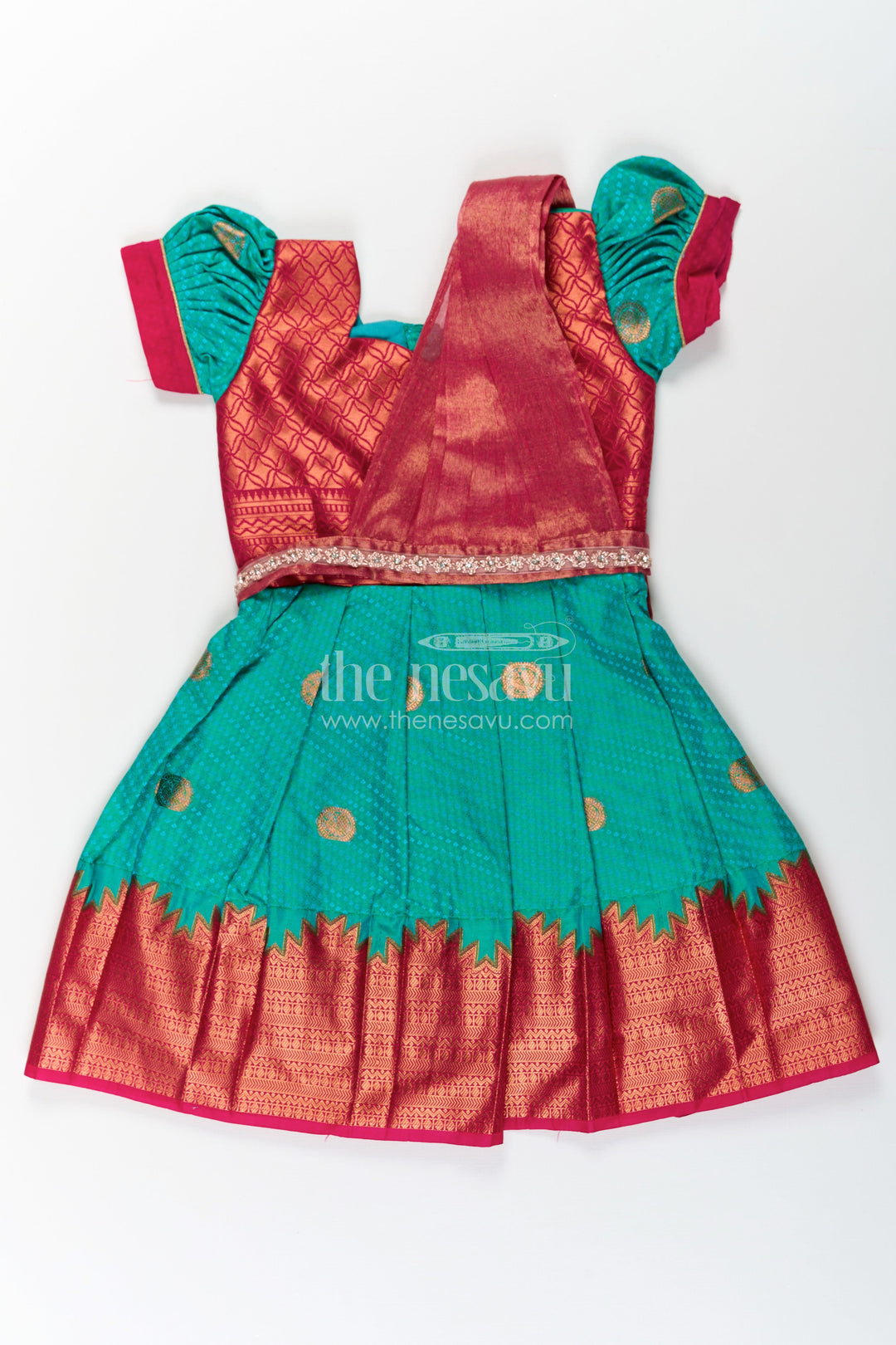 The Nesavu Girls Kanchi Silk Frock Girls Light Blue Dress Silk in Semi Kanchivaram with Maroon Borders and Stone Lace Embellished Dupatta Nesavu 22 (4Y) / Red / Style 4 SF853AD-22 Light Blue Dress Silk for Girls in Semi Kanchivaram with Stone Lace and Maroon | The Nesavu