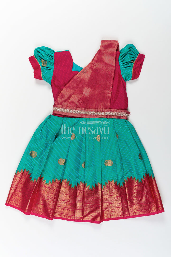 The Nesavu Girls Kanchi Silk Frock Girls Light Blue Dress Silk in Semi Kanchivaram with Maroon Borders and Stone Lace Embellished Dupatta Nesavu 22 (4Y) / Red / Style 5 SF853AE-22 Nesavu Light Blue Dress Silk for Girls in Semi Kanchivaram with Stone Lace and Maroon Traditional Accents