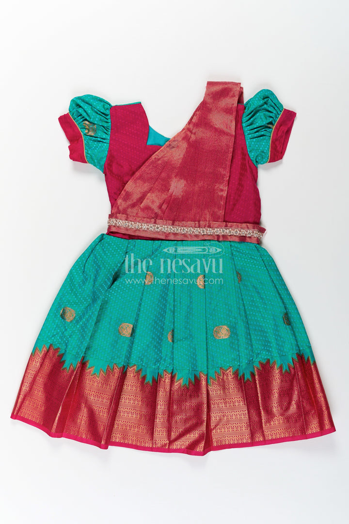 The Nesavu Girls Kanchi Silk Frock Girls Light Blue Dress Silk in Semi Kanchivaram with Maroon Borders and Stone Lace Embellished Dupatta Nesavu Light Blue Dress Silk for Girls in Semi Kanchivaram with Stone Lace and Maroon | The Nesavu