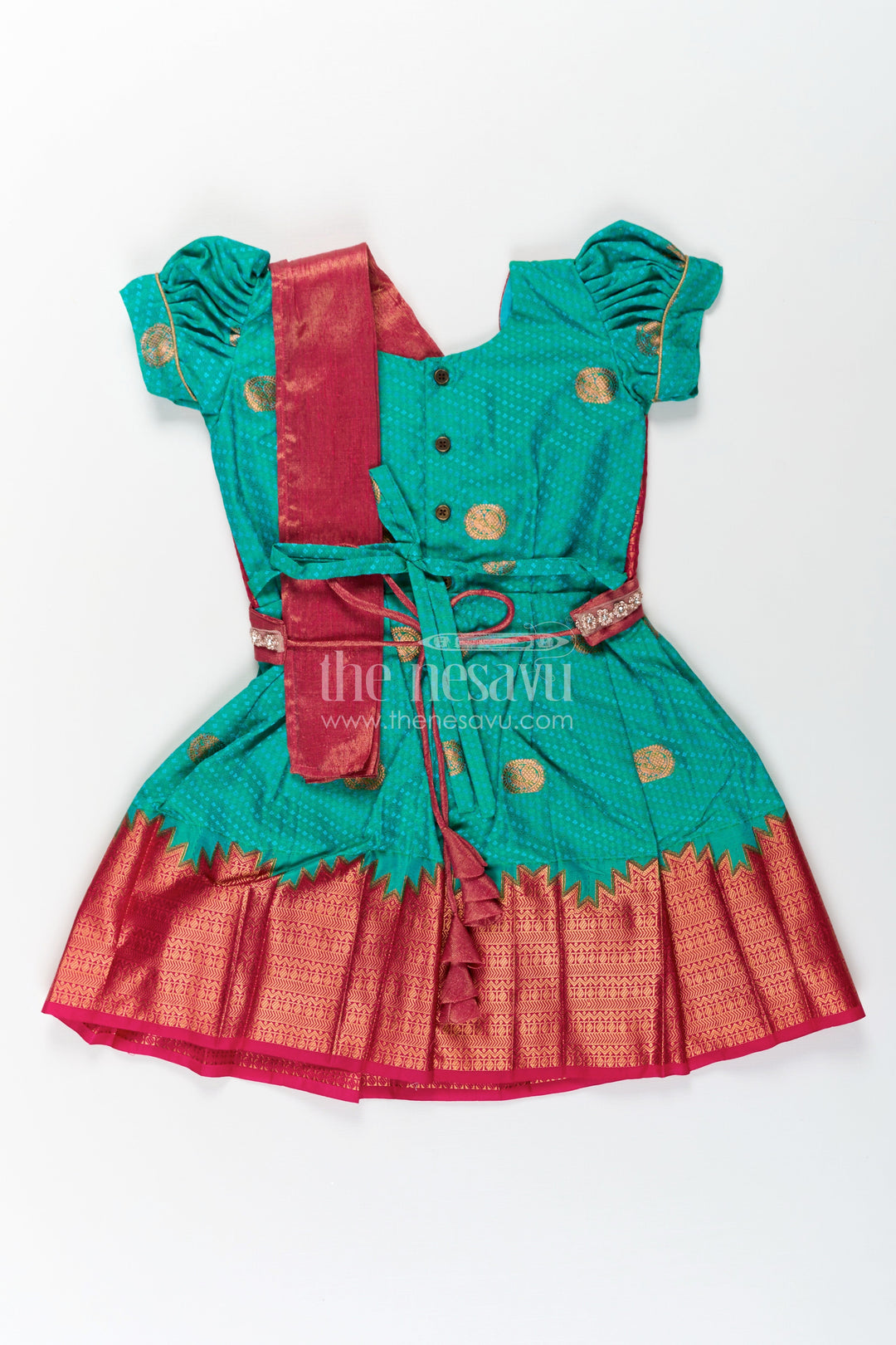 The Nesavu Girls Kanchi Silk Frock Girls Light Blue Dress Silk in Semi Kanchivaram with Maroon Borders and Stone Lace Embellished Dupatta Nesavu Light Blue Dress Silk for Girls in Semi Kanchivaram with Stone Lace and Maroon | The Nesavu