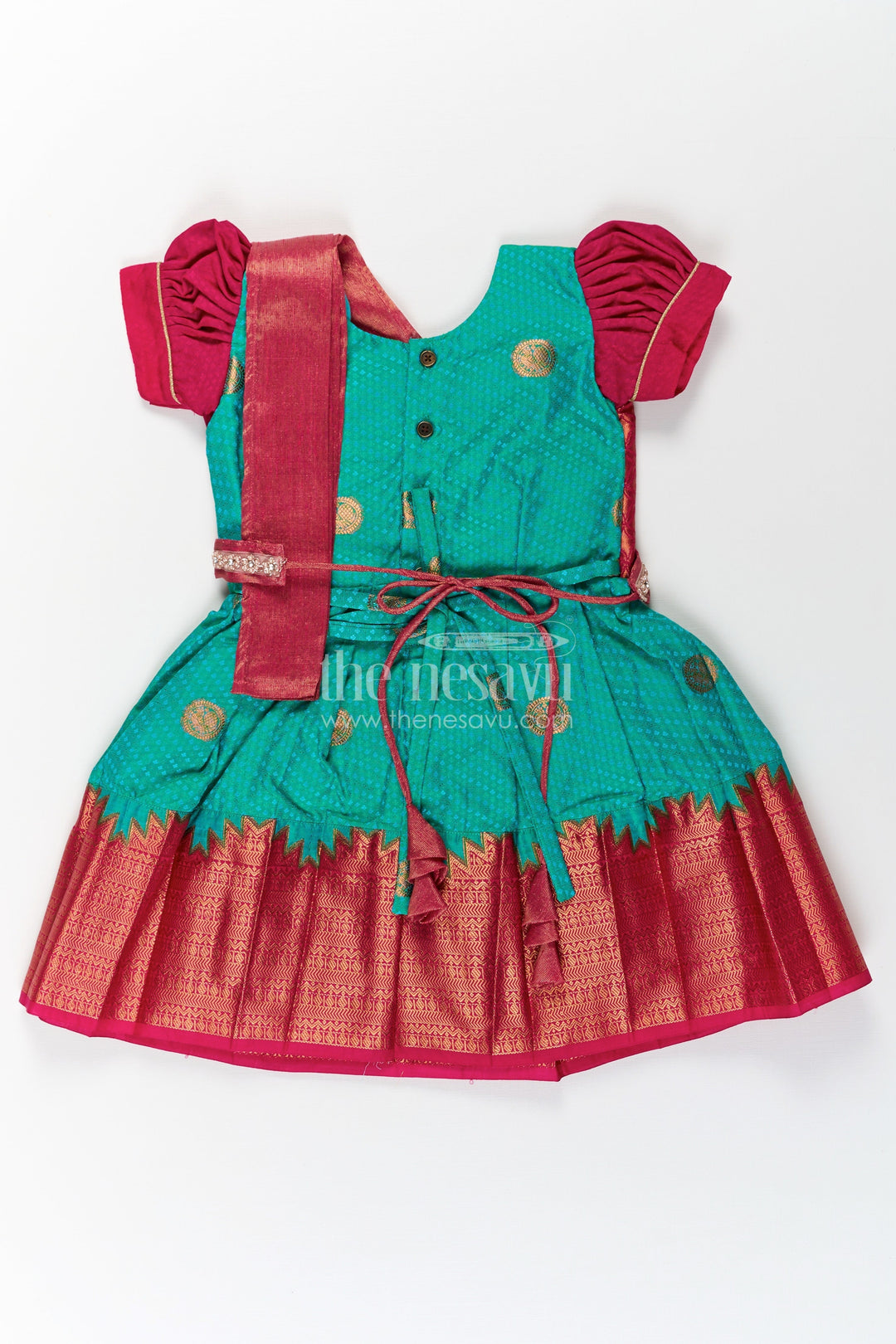 The Nesavu Girls Kanchi Silk Frock Girls Light Blue Dress Silk in Semi Kanchivaram with Maroon Borders and Stone Lace Embellished Dupatta Nesavu Light Blue Dress Silk for Girls in Semi Kanchivaram with Stone Lace and Maroon | The Nesavu