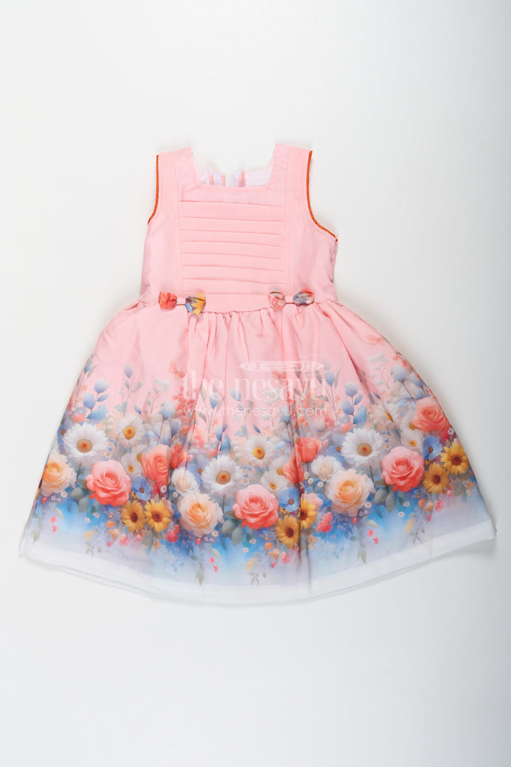 The Nesavu Girls Cotton Frock Girls Light Pink Frock in Cotton Blend with Pleated Bodice and Floral Digital Print Nesavu 20 (3Y) / Pink GFC1656B-20 Nesavu Girls Light Pink Frock Cotton Blend Pleated Bodice Floral Digital Print
