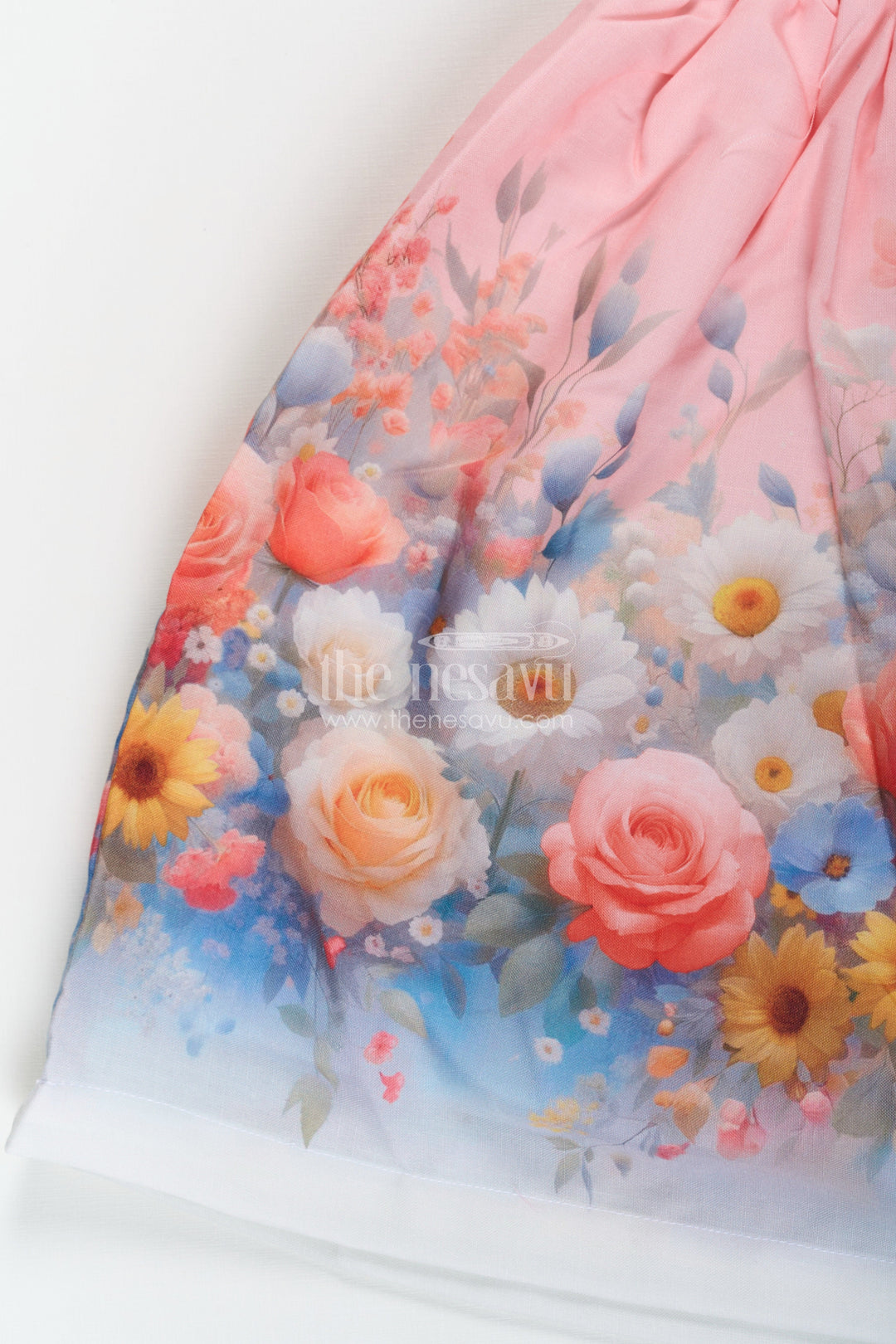 The Nesavu Girls Cotton Frock Girls Light Pink Frock in Cotton Blend with Pleated Bodice and Floral Digital Print Nesavu Girls Light Pink Frock Cotton Blend Pleated Bodice Floral Digital Print | The Nesavu