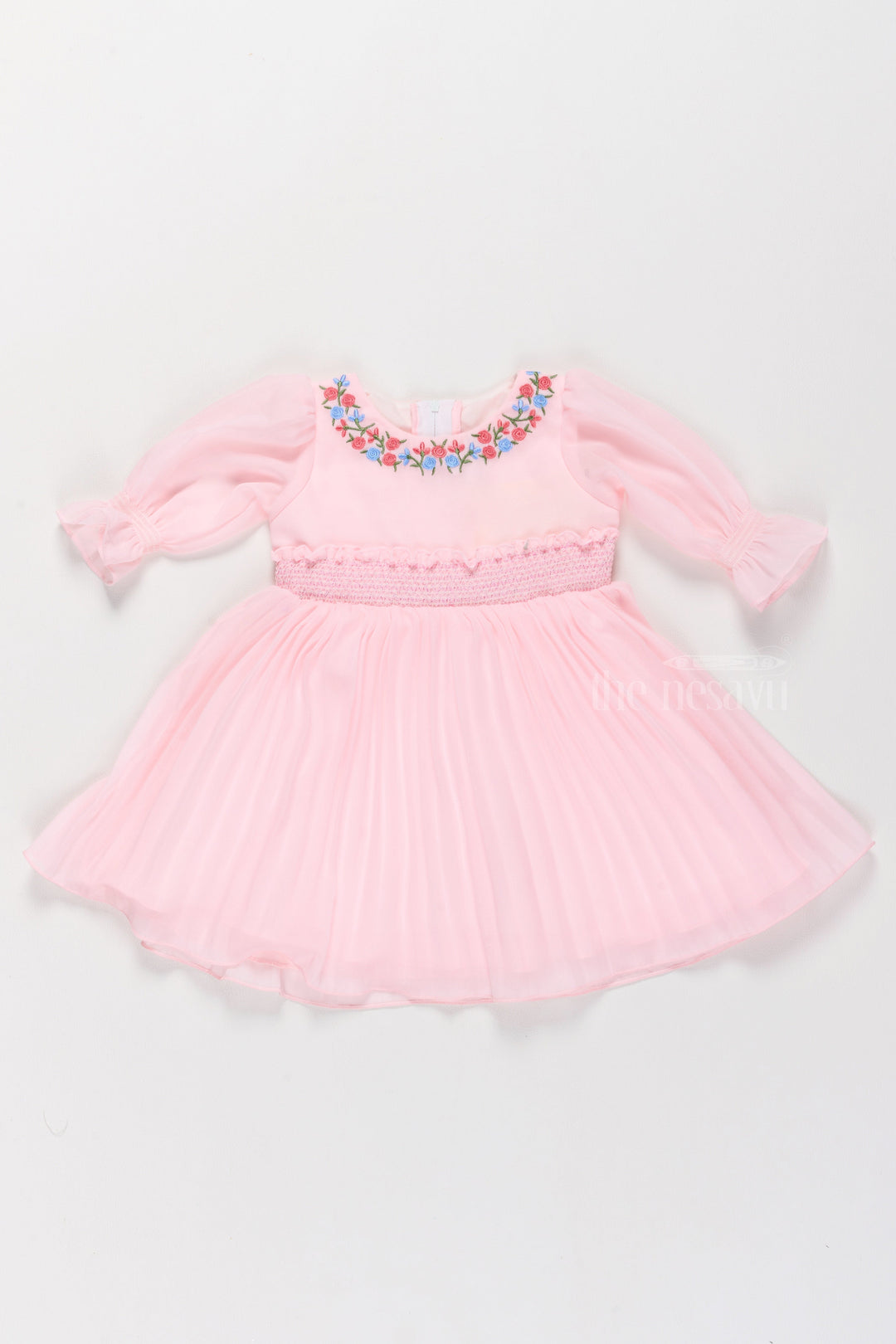 The Nesavu Girls Fancy Frock Girls Light Pink Georgette Frock with Balloon Sleeves and Embroidered Neckline in frock new style Nesavu 16 (1Y) / Pink GFC1508B-16 Nesavu Girls Pink Georgette Frock Embroidered Neckline Balloon Sleeves frock new style