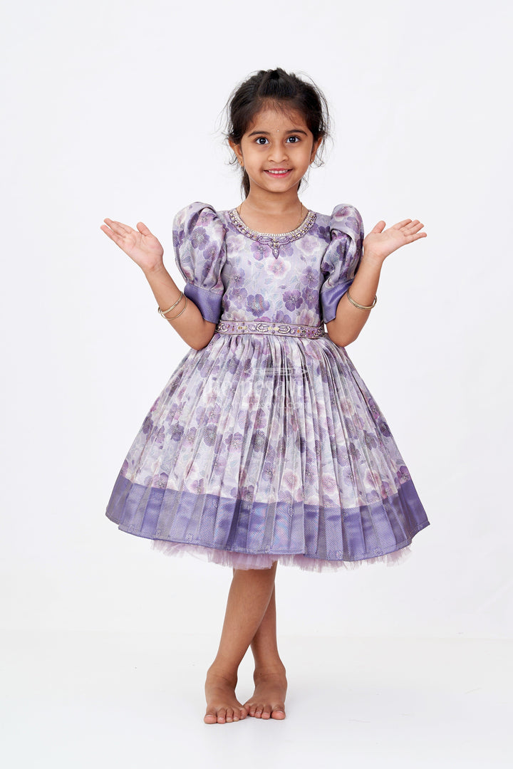 The Nesavu Silk Frock Girls Light Purple Colour Frock with Floral Digital Print and Puff Sleeves for Festive Wear Nesavu 16 (1Y) / Purple SF977A-16 Girls Light Purple Colour Silk Frock Floral Digital Print Puff Sleeves Festive Wear | The Nesavu