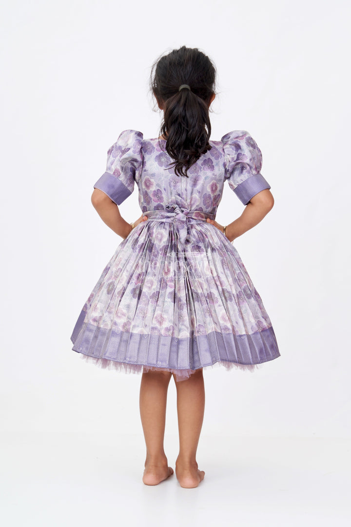 The Nesavu Silk Frock Girls Light Purple Colour Frock with Floral Digital Print and Puff Sleeves for Festive Wear Nesavu Girls Light Purple Colour Silk Frock Floral Digital Print Puff Sleeves Festive Wear | The Nesavu