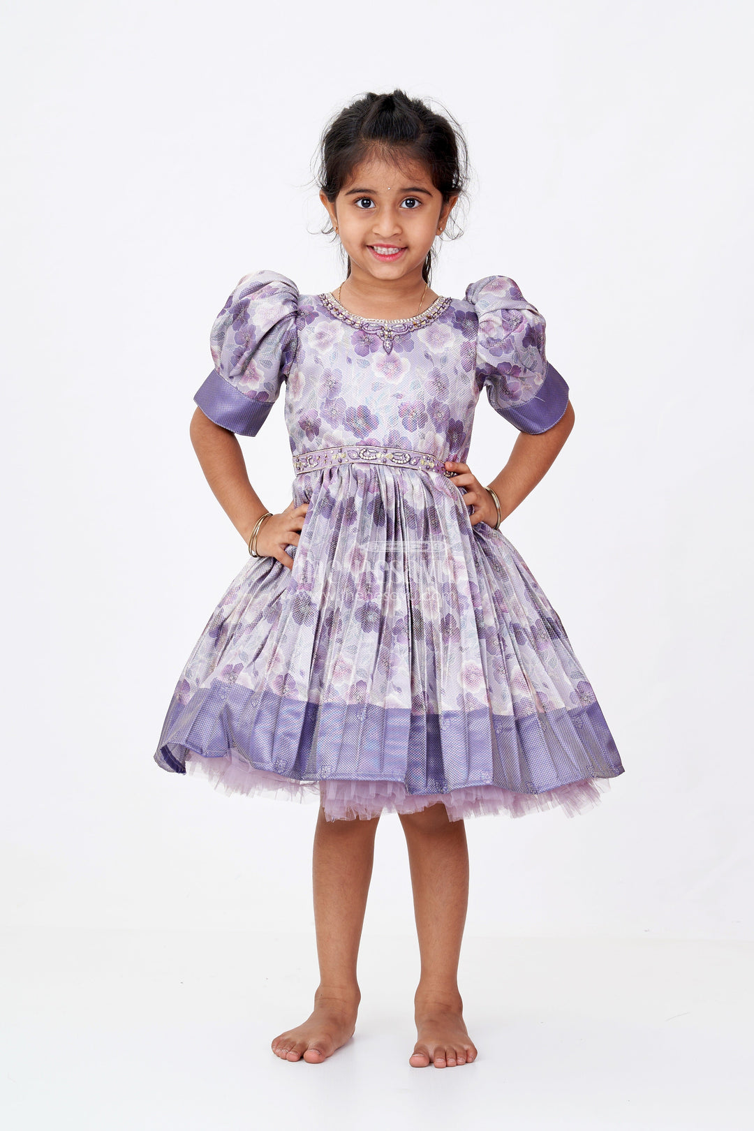 The Nesavu Silk Frock Girls Light Purple Colour Frock with Floral Digital Print and Puff Sleeves for Festive Wear Nesavu Girls Light Purple Colour Silk Frock Floral Digital Print Puff Sleeves Festive Wear | The Nesavu