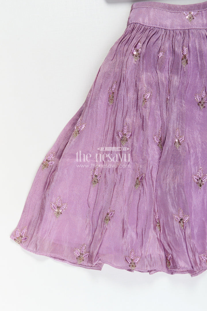 The Nesavu Girls Lehenga Choli Girls Light Purple Lehenga in Viscose Tissue with Thread Embroidery and Pleated Flared Skirt Nesavu Girls Light Purple Lehenga Set Thread Embroidered Flared Skirt Viscose Tissue Fabric | The Nesavu