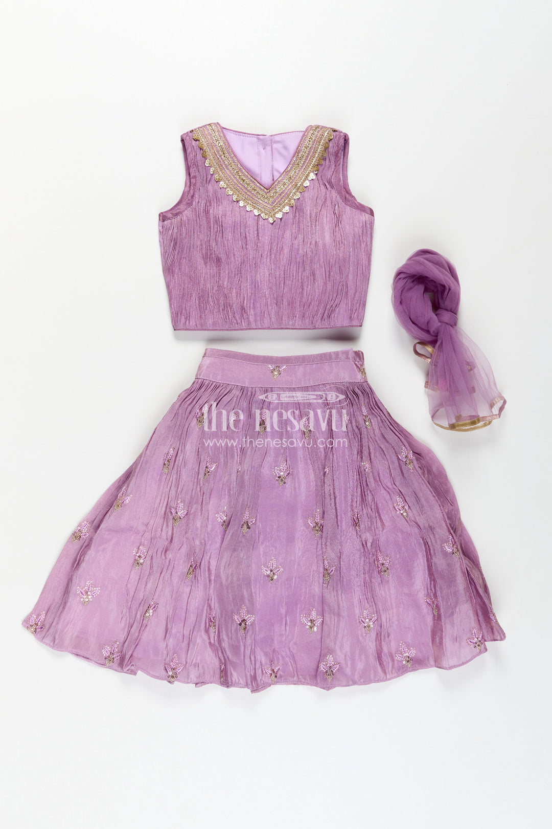 The Nesavu Girls Lehenga Choli Girls Light Purple Lehenga in Viscose Tissue with Thread Embroidery and Pleated Flared Skirt Nesavu Girls Light Purple Lehenga Set Thread Embroidered Flared Skirt Viscose Tissue Fabric | The Nesavu