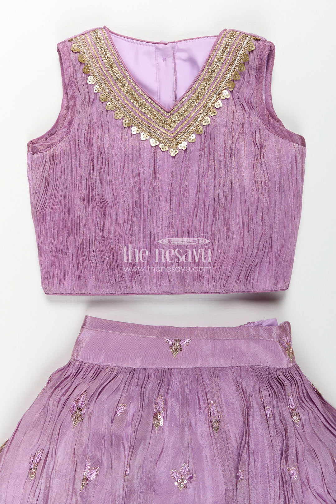 The Nesavu Girls Lehenga Choli Girls Light Purple Lehenga in Viscose Tissue with Thread Embroidery and Pleated Flared Skirt Nesavu Girls Light Purple Lehenga Set Thread Embroidered Flared Skirt Viscose Tissue Fabric | The Nesavu
