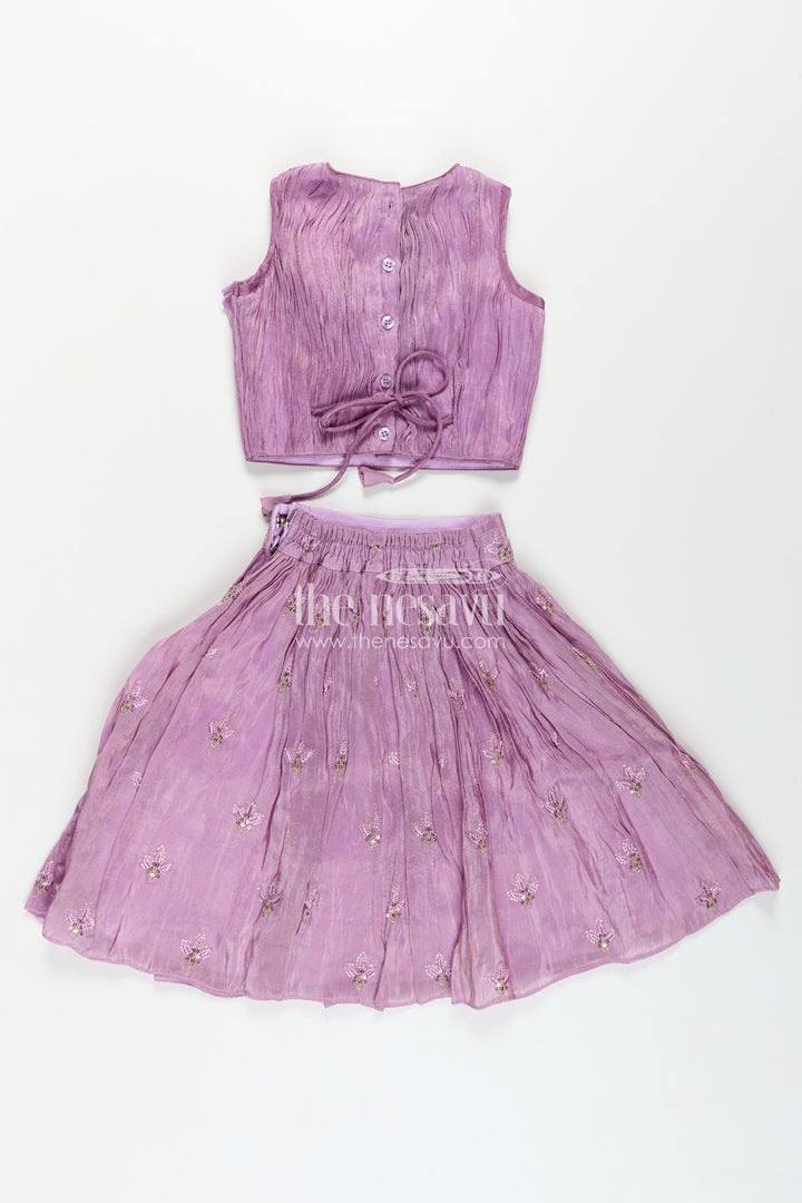 The Nesavu Girls Lehenga Choli Girls Light Purple Lehenga in Viscose Tissue with Thread Embroidery and Pleated Flared Skirt Nesavu Girls Light Purple Lehenga Set Thread Embroidered Flared Skirt Viscose Tissue Fabric | The Nesavu