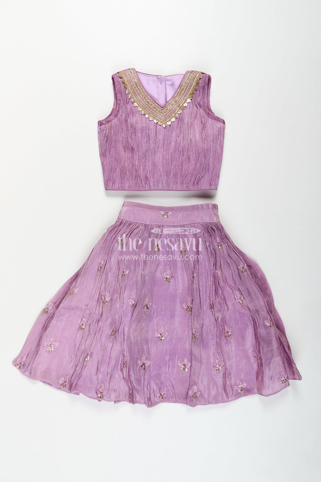The Nesavu Girls Lehenga Choli Girls Light Purple Lehenga in Viscose Tissue with Thread Embroidery and Pleated Flared Skirt Nesavu Girls Light Purple Lehenga Set Thread Embroidered Flared Skirt Viscose Tissue Fabric | The Nesavu