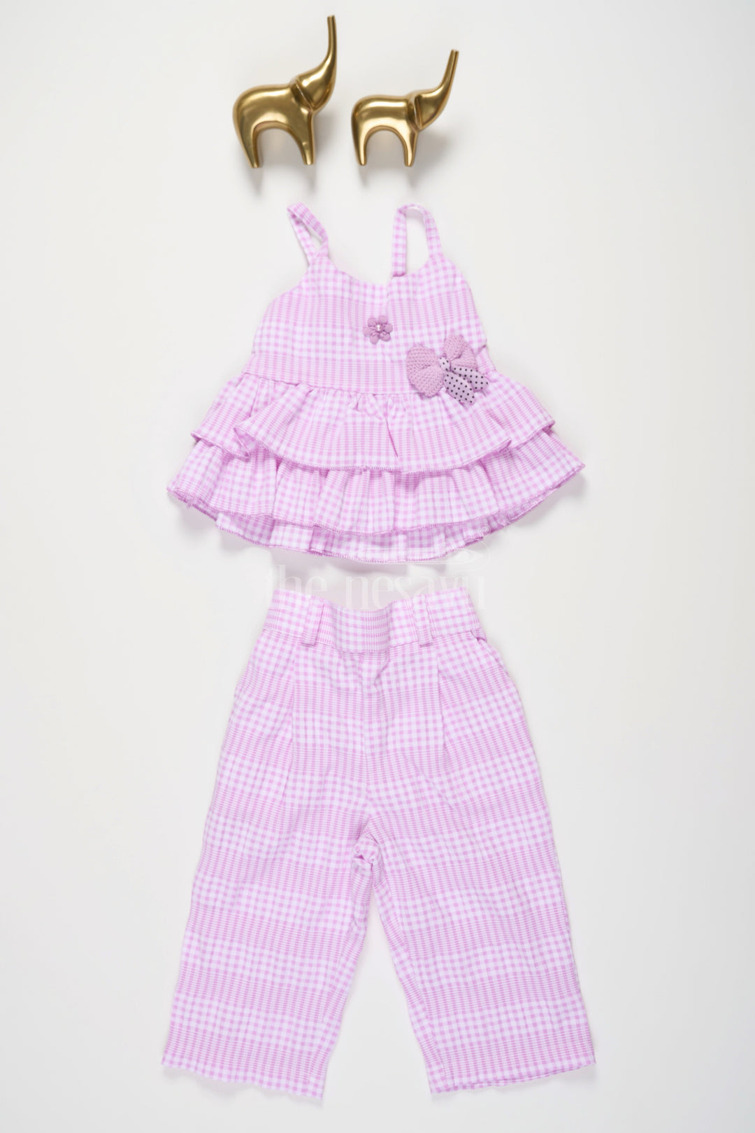 The Nesavu Girls Casual Set Girls Lilac Plaid Casual Co-Ord Set with Sleeveless Ruffled Top and Capri Pants Nesavu 16 (1Y) / Pink GPS435A-16 Nesavu Girls Plaid Co-Ord Set Ruffled Sleeveless Top Matching Capri Pants