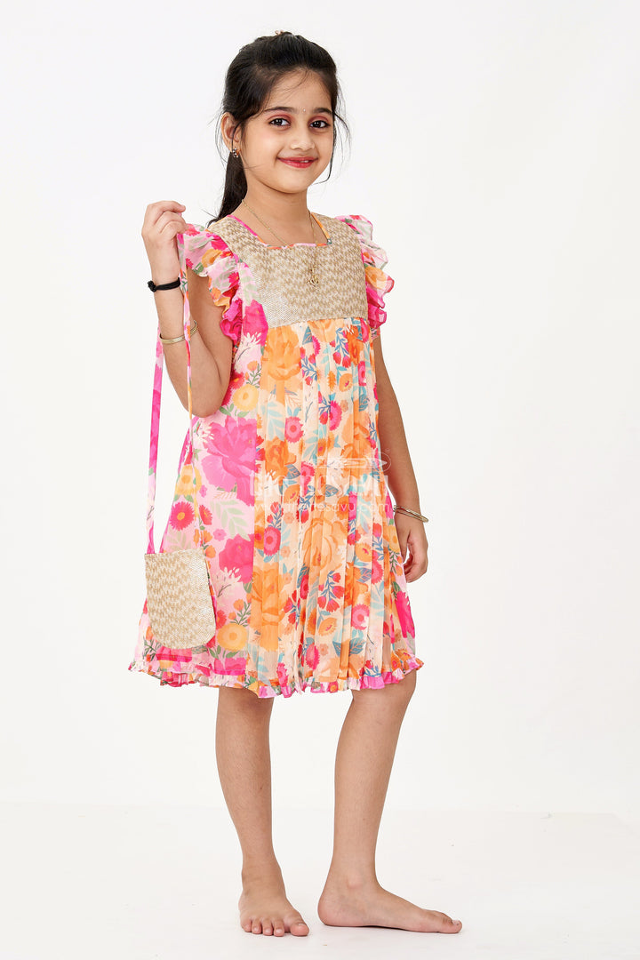 The Nesavu Girls Cotton Frock Girls Little Red Dress in Floral Georgette with Sequin Yoke and Matching Pouch Accessory Nesavu 22 (4Y) / Orange GFC1660A-22 Girls Little Red Dress Georgette Floral Print Sequin Yoke Pouch Accessory | The Nesavu