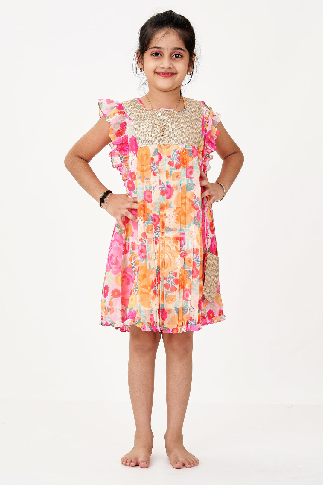 The Nesavu Girls Cotton Frock Girls Little Red Dress in Floral Georgette with Sequin Yoke and Matching Pouch Accessory Nesavu Girls Little Red Dress Georgette Floral Print Sequin Yoke Pouch Accessory | The Nesavu