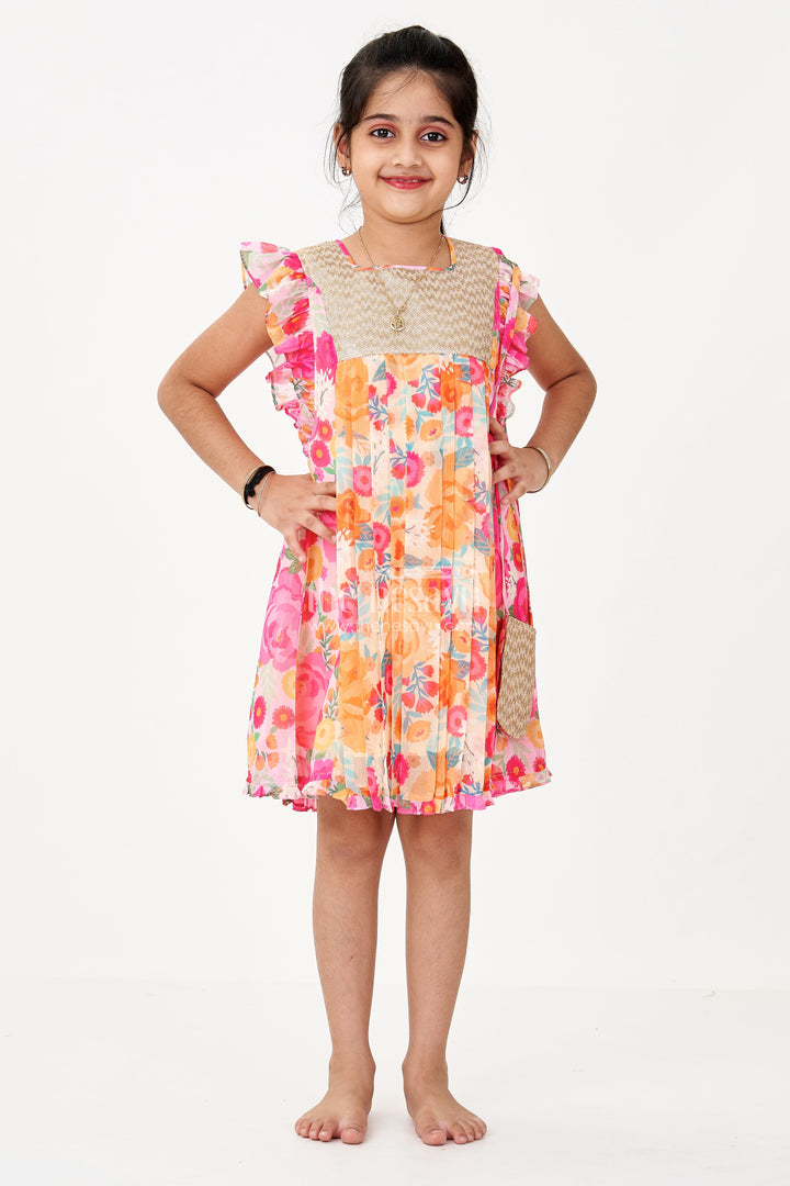 The Nesavu Girls Cotton Frock Girls Little Red Dress in Floral Georgette with Sequin Yoke and Matching Pouch Accessory Nesavu Nesavu Girls Little Red Dress Georgette Floral Print Sequin Yoke Pouch Accessory