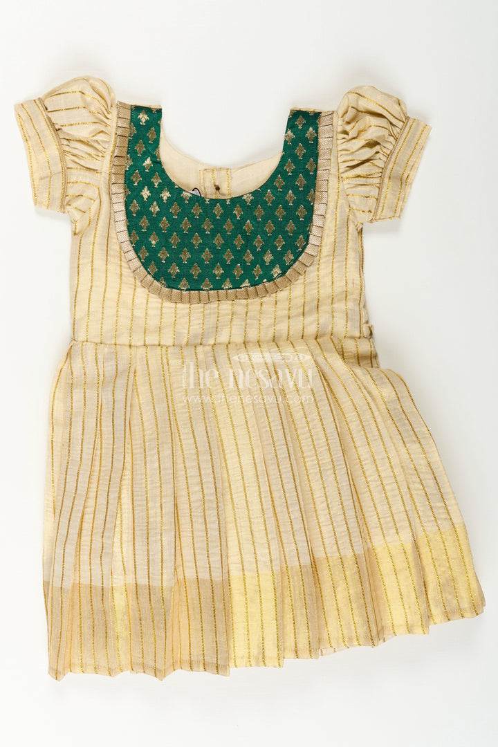 The Nesavu Silk Frock Girls Long Frock Model in Beige Gold Tissue with Green Banaras Yoke and Puff Sleeves Nesavu 16 (1Y) / Cream SF1008B-16 Nesavu Girls Long Frock Model Beige Silk Green Semi Banaras Embellished Yoke Pleats