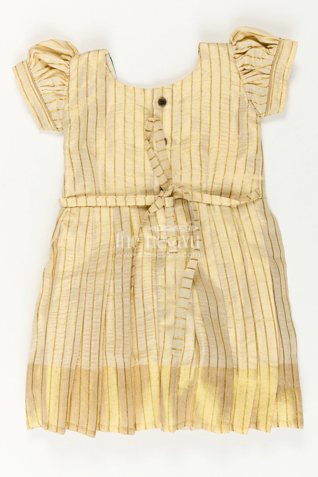 The Nesavu Silk Frock Girls Long Frock Model in Beige Gold Tissue with Green Banaras Yoke and Puff Sleeves Nesavu Nesavu Girls Long Frock Model Beige Silk Green Semi Banaras Embellished Yoke Pleats