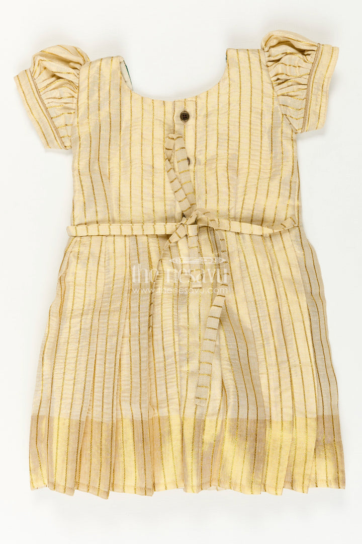 The Nesavu Silk Frock Girls Long Frock Model in Beige Gold Tissue with Green Banaras Yoke and Puff Sleeves Nesavu Nesavu Girls Long Frock Model Beige Silk Green Semi Banaras Embellished Yoke Pleats