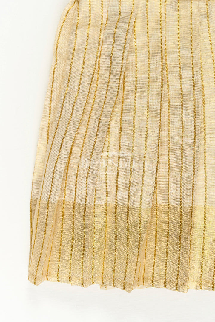 The Nesavu Silk Frock Girls Long Frock Model in Beige Gold Tissue with Green Banaras Yoke and Puff Sleeves Nesavu Nesavu Girls Long Frock Model Beige Silk Green Semi Banaras Embellished Yoke Pleats