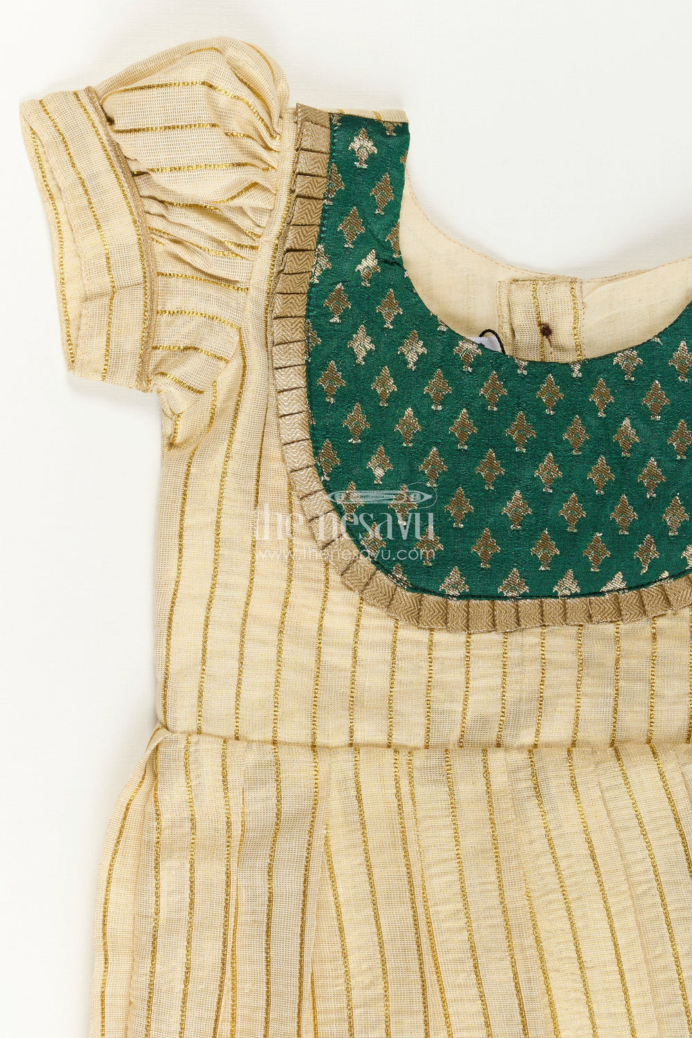 The Nesavu Silk Frock Girls Long Frock Model in Beige Gold Tissue with Green Banaras Yoke and Puff Sleeves Nesavu Nesavu Girls Long Frock Model Beige Silk Green Semi Banaras Embellished Yoke Pleats