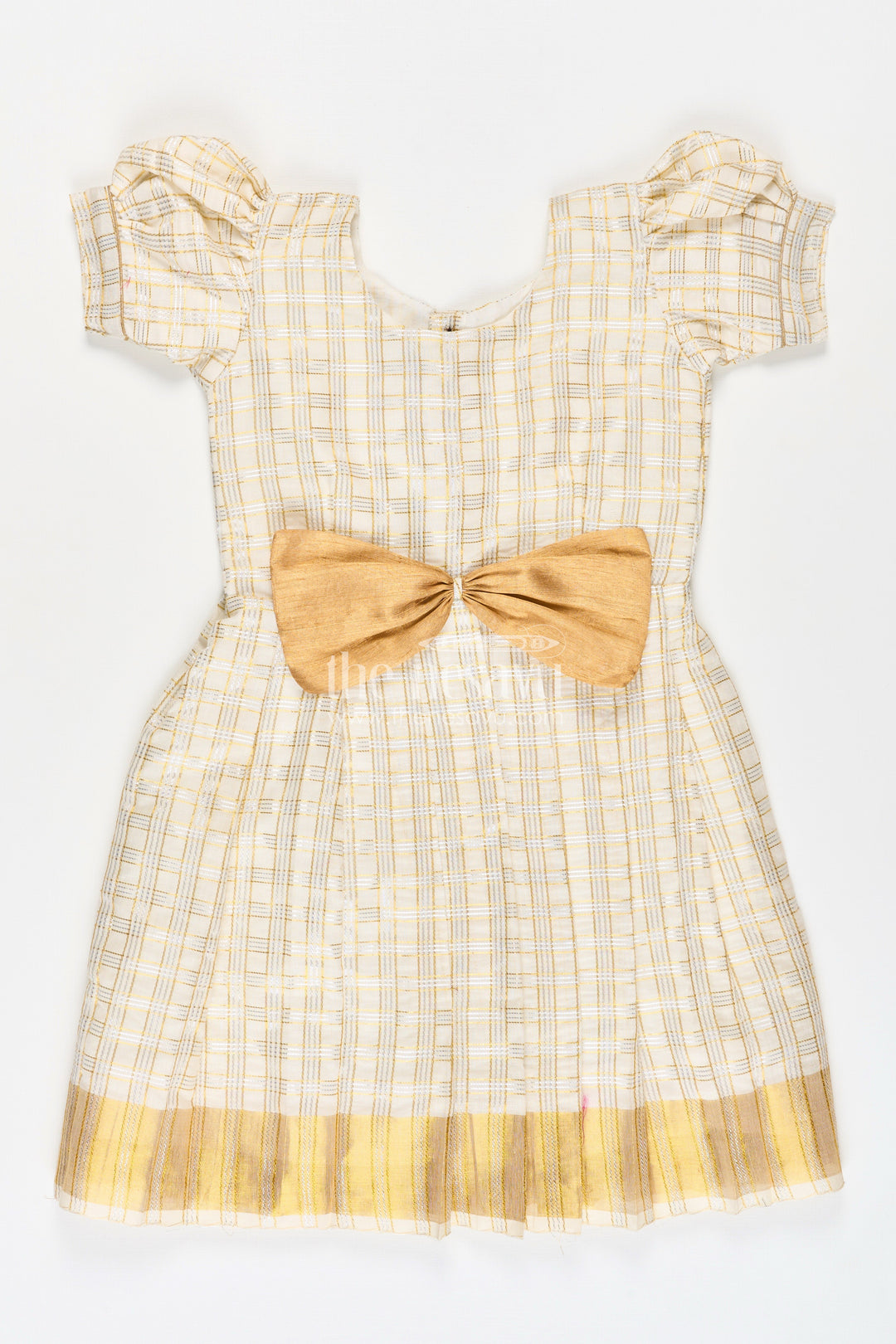 The Nesavu Silk Frock Girls Long Frock Simple in Beige Tissue Silk with Golden Pleats and Classic Bow Detail Nesavu 16 (1Y) / Cream SF1010D-16 Nesavu Girls Long Frock Simple Design Beige Silk Golden Pleats Bow Embellishment