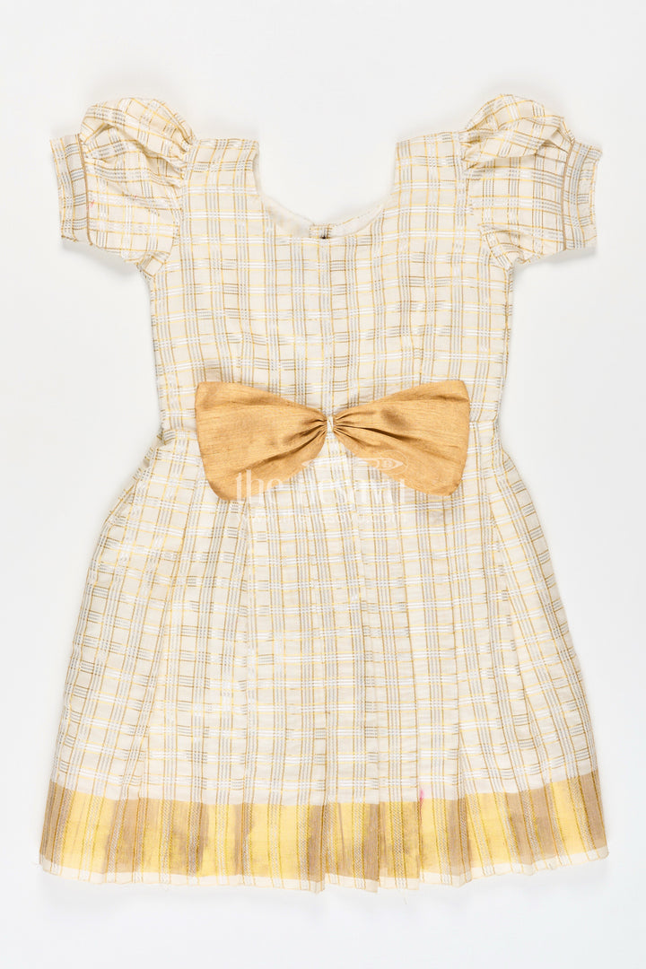 The Nesavu Silk Frock Girls Long Frock Simple in Beige Tissue Silk with Golden Pleats and Classic Bow Detail Nesavu 16 (1Y) / Cream SF1010D-16 Nesavu Girls Long Frock Simple Design Beige Silk Golden Pleats Bow Embellishment