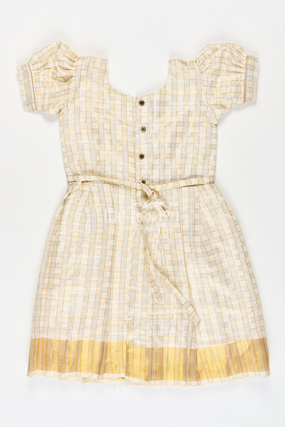 The Nesavu Silk Frock Girls Long Frock Simple in Beige Tissue Silk with Golden Pleats and Classic Bow Detail Nesavu Nesavu Girls Long Frock Simple Design Beige Silk Golden Pleats Bow Embellishment