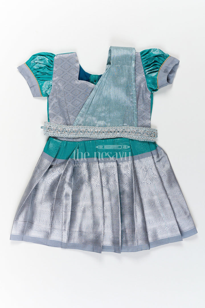 The Nesavu Girls Kanchi Silk Frock Girls Long Frock with Silk Dupatta in Semi Kanchivaram with Silver Zari and Green Brocade Pleated Elegance Nesavu 16 (1Y) / Green / Style 1 SF860AA-16 Girls Long Frock with Silk Dupatta in Semi Kanchivaram with Silver Zari and Brocade Green Detail | The Nesavu