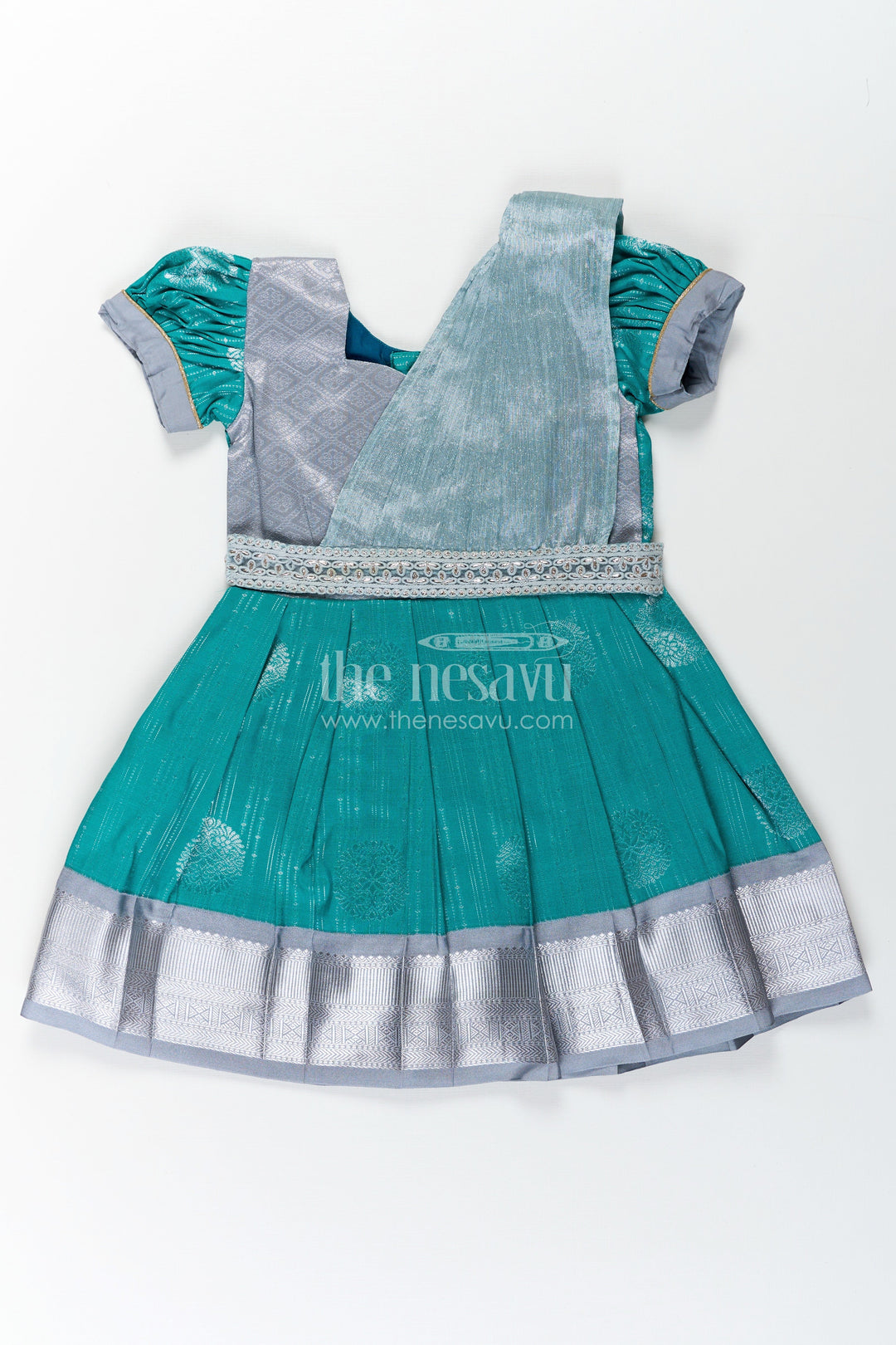 The Nesavu Girls Kanchi Silk Frock Girls Long Frock with Silk Dupatta in Semi Kanchivaram with Silver Zari and Green Brocade Pleated Elegance Nesavu 18 (2Y) / Green / Style 4 SF860AD-18 Girls Long Frock with Silk Dupatta in Semi Kanchivaram with Silver Zari and Brocade Green Detail | The Nesavu