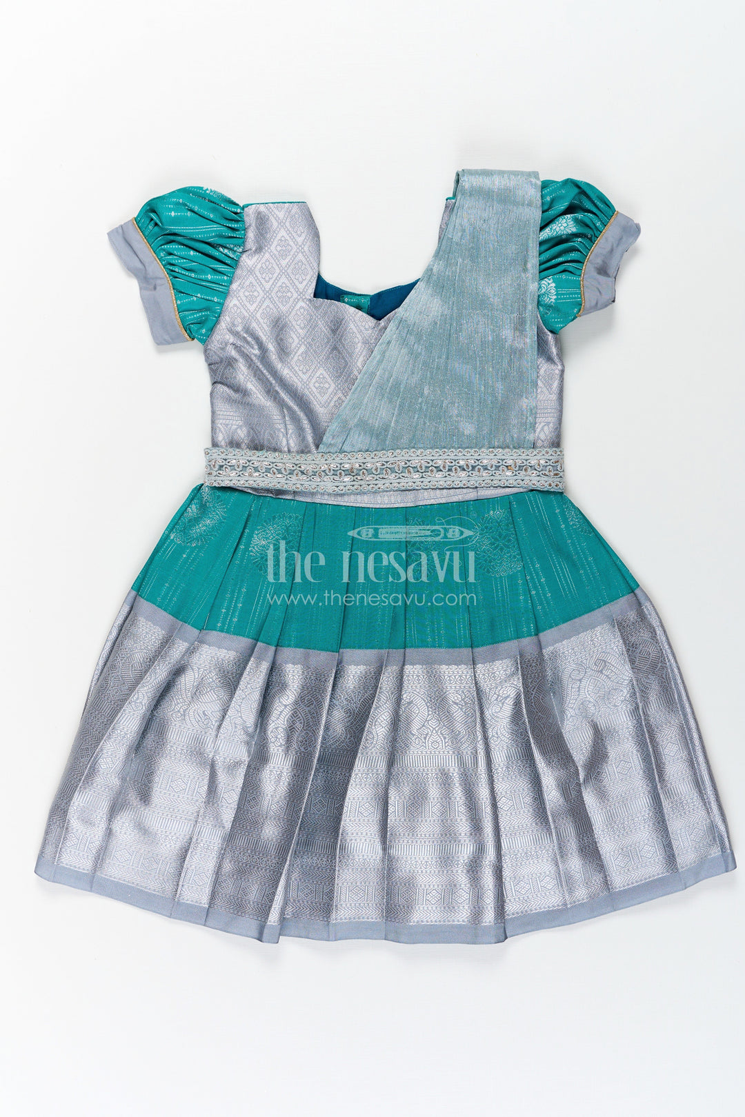 The Nesavu Girls Kanchi Silk Frock Girls Long Frock with Silk Dupatta in Semi Kanchivaram with Silver Zari and Green Brocade Pleated Elegance Nesavu 20 (3Y) / Green / Style 2 SF860AB-20 Girls Long Frock with Silk Dupatta in Semi Kanchivaram with Silver Zari and Brocade Green Detail | The Nesavu