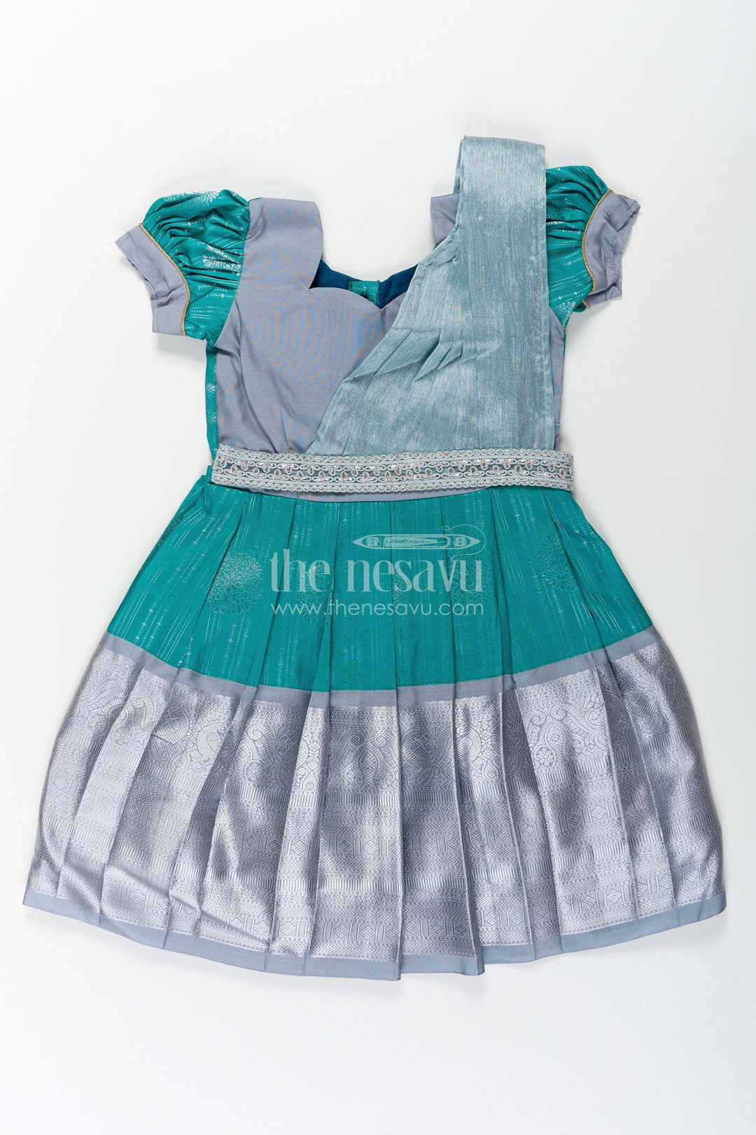 The Nesavu Girls Kanchi Silk Frock Girls Long Frock with Silk Dupatta in Semi Kanchivaram with Silver Zari and Green Brocade Pleated Elegance Nesavu 22 (4Y) / Green / Style 3 SF860AC-22 Girls Long Frock with Silk Dupatta in Semi Kanchivaram with Silver Zari and Brocade Green Detail | The Nesavu