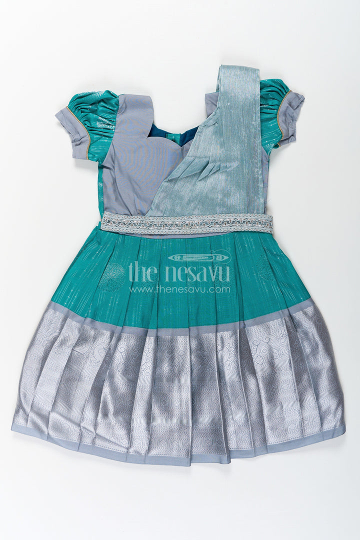The Nesavu Girls Kanchi Silk Frock Girls Long Frock with Silk Dupatta in Semi Kanchivaram with Silver Zari and Green Brocade Pleated Elegance Nesavu 22 (4Y) / Green / Style 3 SF860AC-22 Girls Long Frock with Silk Dupatta in Semi Kanchivaram with Silver Zari and Brocade Green Detail | The Nesavu